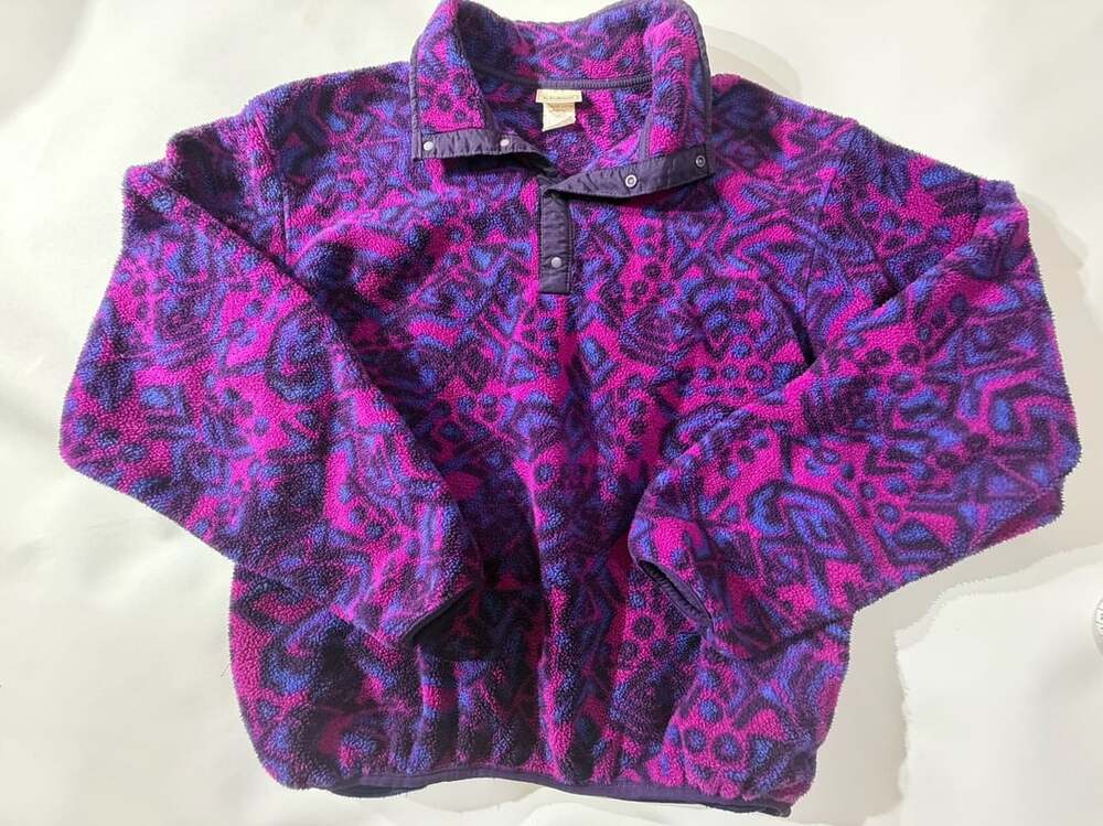 Vintage LL Bean Aztec Printed Fleece Snap Neck Pullover Purple Pink Womens